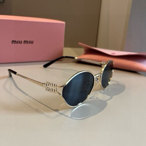 Miu Miu Gold Metal Frame Oval Sunglasses - Picture 1 of 7